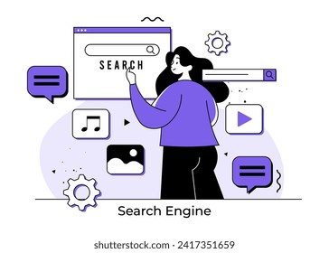 Female character using browser search window for query, Engine giving result, SEO search engine optimization, Browser window, Target online audience with digital marketing strategy, Content marketing