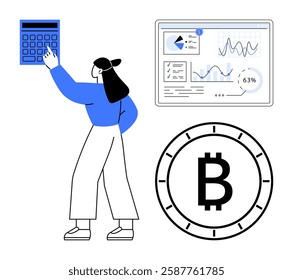 Female character using a calculator, analyzing financial charts, and a Bitcoin symbol. Ideal for finance, investment, cryptocurrency, data analysis, business strategy, economic projections