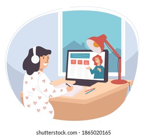 Female character using computer to study and learn. Woman looking at screen talking to tutor. College or university student in room learning new discipline or communicating with friend. Vector in flat