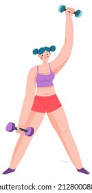 Female character using dumbbells for strengthening muscles on arms, woman working out and doing exercises in gym or home. Sportive girl on classes or fitness, trainer or coach. Vector in flat