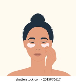 A female character using eye patches. Skin care routine. Facial beauty products for anti-aging. Women taking care of her face. Colored vector illustration isolated on white background.