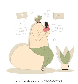 Female character using her phone for texting a message. Young person chating with her smartphone. Woman reading a news on internet. Vector flat illustration.