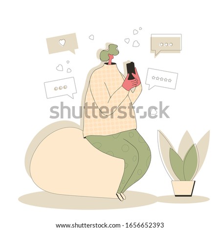 Female character using her phone for texting a message. Young person chating with her smartphone. Woman reading a news on internet. Vector flat illustration.