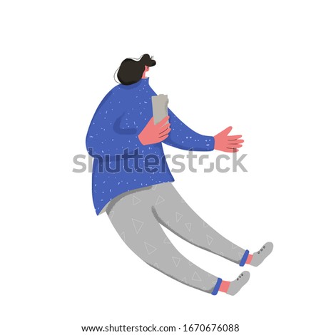 Female character using her phone for texting a message. Young person chating with her smartphone. Woman reading a news on internet isolated on white background. Vector flat illustration.