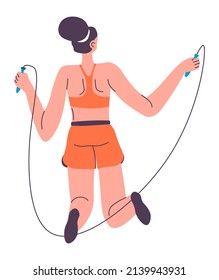 Female character using jumping or skipping rope for keeping body in shape and slim. Isolated girl with equipment for working out in gym, fitness or school exercises for student. Vector in flat