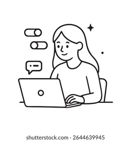 Female character using laptop for communication in modern tech style