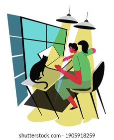 Female character using laptop to complete work project or task at job. Student studying online at home. Living space interior with cat pet sitting on table looking at screen. Vector in flat style