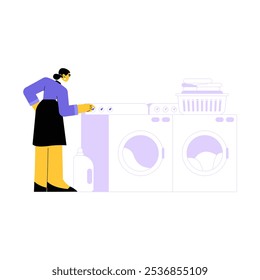 Personaje Femenino Que Usa La Máquina De Lavandería En La Ilustración vectorial Plana Que Simboliza Las Tareas Domésticas, Las Tareas De Lavandería Y La Limpieza, Aislado Sobre Fondo Blanco