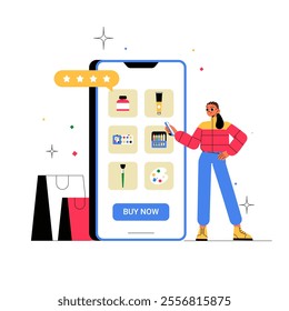 Female Character Using Mobile App For Online Art Supplies Store In Flat Vector Illustration Symbolizing E Commerce, Art Tools, And Convenience, Isolated On White Background