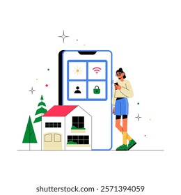 Female Character Using Mobile App To Control Smart Home In Flat Vector Illustration Symbolizing Connectivity, Security, And Technology, Isolated On White Background.