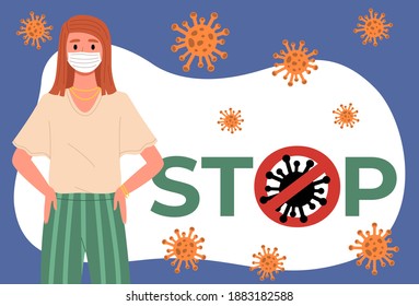 Female character is using protective mask. Cartoon character is posing. Young girl in medical mask on her face on the background of coronavirus stop sign and bacterias, flat vector illustration