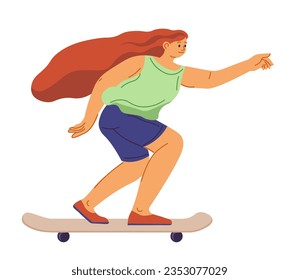 Female character using skateboard for commuting and riding. Isolated woman on ecologically friendly transport on way to school or university. Girl on board in city or town. Vector in flat style