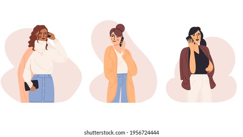 Personaje femenino usando la colección de diseño de banners para smartphones. Llamada telefónica de mujer de negocios, antecedentes personales exitosos. Mujer moderna vestida con ropa de moda hablando teléfono fijo conjunto de ilustración de dibujos animados. 