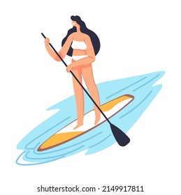 A female character using sup board learning and practicing. Isolated woman with ore on the water surface. Summertime hobbies and activities during vacation and weekends. Vector in flat style