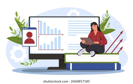 Female character using a tablet while sitting on books, with growth charts and plant elements, on a light backdrop, depicting data analysis. Flat cartoon vector illustration