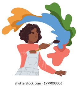 Female character using watercolor paints for drawing, isolated artist and splashes of colors. Art and culture, modern and contemporary vision. Creative discipline in university. Vector in flat style