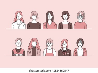 Female character in various styles. Icon of ID photo concept. hand drawn style vector design illustrations. 