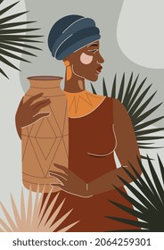 Female character with vase concept. Portrait of African woman in traditional clothes and turban. Girl carries jug of water. Poster for wall decoration. Cartoon aesthetic flat vector illustration