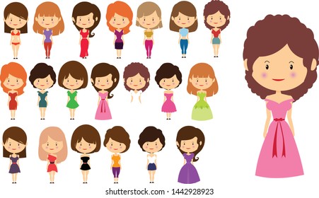 Female character vector, Girl character with 20 dresses and 10 hairstyle, custom avatars  