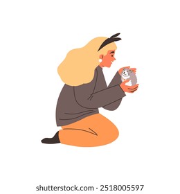 Caractere feminino em ilustração vetorial segurando um pequeno hamster cinza. Este design de tema de animais de estimação é apresentado em estilo de desenho animado plano com vista lateral em fundo isolado.