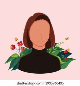 female character vector illustration. With plants, flowers and butterflies. Lips smile