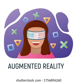 Female character in virtual reality glasses, modern technology augmented reality isolated on white, flat vector illustration. Future hardware stuff, woman people remote communication device.