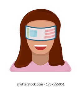 Female character in virtual reality glasses, modern technology augmented reality isolated on white, flat vector illustration. Future hardware stuff, woman people remote communication device.