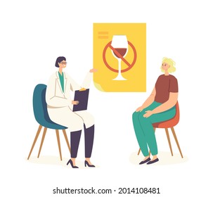 Personaje femenino visitando Narcólogo para detener la adicción al alcoholismo. Mujer con síndrome de resaca frente al médico en Clínica, tratamiento de abuso de sustancias alcohólicas. Ilustración de vectores de personas de caricatura