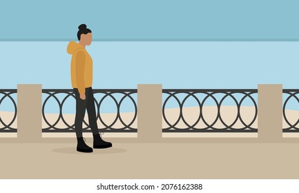 Female character walking along the embankment