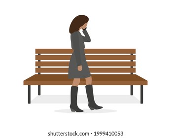 Female character walking by a wooden bench and talking on the phone on a white background
