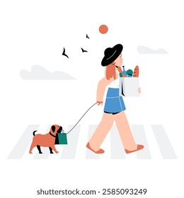 Female Character Walking Dog While Carrying Grocery Bag In Flat Vector Illustration Symbolizing Healthy Lifestyle, Pet Care, And Daily Errands, Isolated On White Background