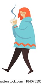 Female character walking and drinking warm tea or hot aromatic coffee. Isolated woman wearing warm clothes, winter holidays or weekends relax. Smiling girl with cup of drink. Vector in flat style