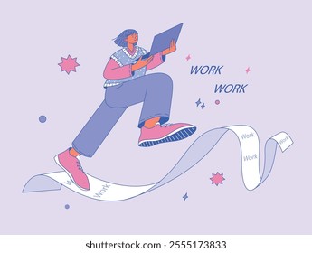 Female character walking on a flowing document with work tasks while using a laptop. Casual outfit. Concept of work-life balance and task management. Flat, vector, illustration, isolated.