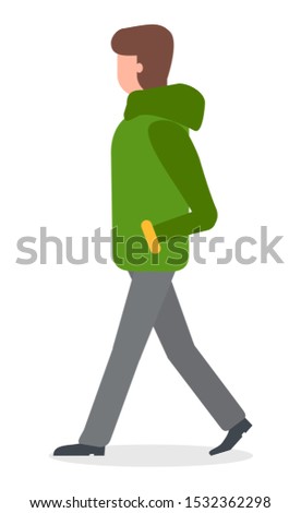 Female character walking in one direction vector. Isolated lady wearing warm winter jacket and thick clothes to get heat. Woman strolling with hands hidden in pockets flat style illustration