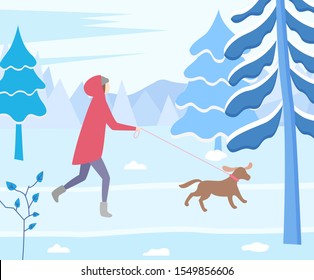 Female character walking pet on leash. Owner and dog in winter forest. Woman wearing warm clothes running in park. Snowy landscape with trees and foliage. Spruce fir in snow vector in flat style