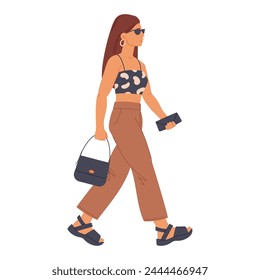 Personaje femenino caminando. Chica bonita caminar sola, mujer joven yendo de compras, café o caminar Ilustración vectorial plana. Mujer de dibujos animados en el paseo