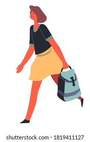 Female character walking with rucksack, isolated woman carrying backpack. Student hurrying for school, teacher or tutor. Young personage with satchel, wearing casual clothing, vector in flat