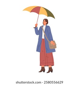 Female character walking under rain, holding umbrella in hand and wearing warm autumn clothes. Vector isolated woman personage strolling and enjoying weather, going to work or university