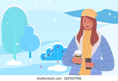 Female character walking in winter park or forest holding cups with coffee or hot tea. Lady drinking beverages enjoying frosty scenery. Woman on vacation admiring nature, vector in flat style