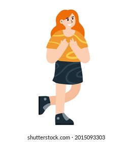 Female character walks and gestures. Redhead Woman walks. Trendy flat cartoon illustration. Young girl