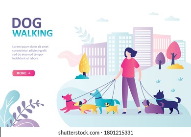 Female character walks with pets in park. Concept of dog walking service, volunteering and pet care. Dog active walker with leash. Landing page or website template. Trendy flat vector illustration