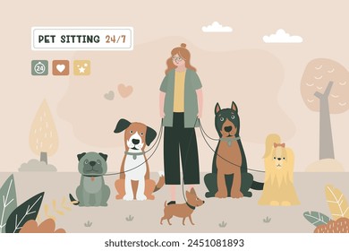 Female character walks with pets in park. Dog walking or sitting services, volunteering and pet care. Dog active walker holds leashes. Worker woman with domestic animals. flat vector illustration