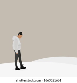 Female character walks in the snow in winter
