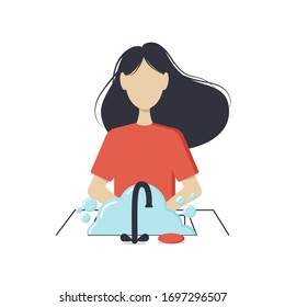 Female character washing hands with soap in sink. Hygiene and virus prevention concept. Flat vector illustartion.