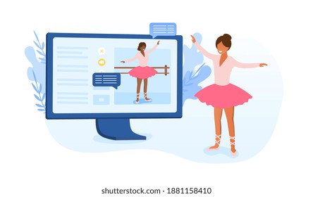 Female Character Is Watching Online Dance Class. Ballerina Teaches Girl To Dance Distantly Via Internet. Concept Of Lesson, Master Class During Covid-19 Lockdown. Flat Cartoon Vector Illustration