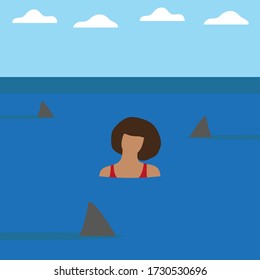 Female character in water surrounded by sharks