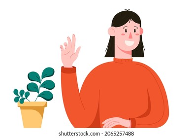 Female character waving her hand to say hello to her friends. Young woman with a plant in a flat style.