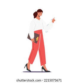 Female Character Wear Elegant Office Clothes Walk With Pointing Finger and Clipboard Isolated On White Background. Positive Business Woman Gesturing With Hand. Cartoon People Vector Illustration