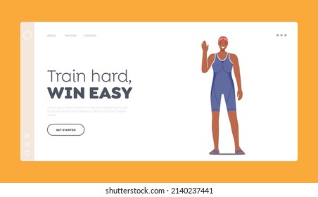 Female Character Wear Swim Suit and Hat Landing Page Template. Woman Swimmer Posing and Waving Hand, Sport Competition, Tournament or Championship Concept. Cartoon People Vector Illustration