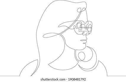 Female character wearing augmented reality glasses. Gaming industry and geolocation. Mobile technology.One continuous drawing line  logo single hand drawn art doodle isolated minimal illustration.